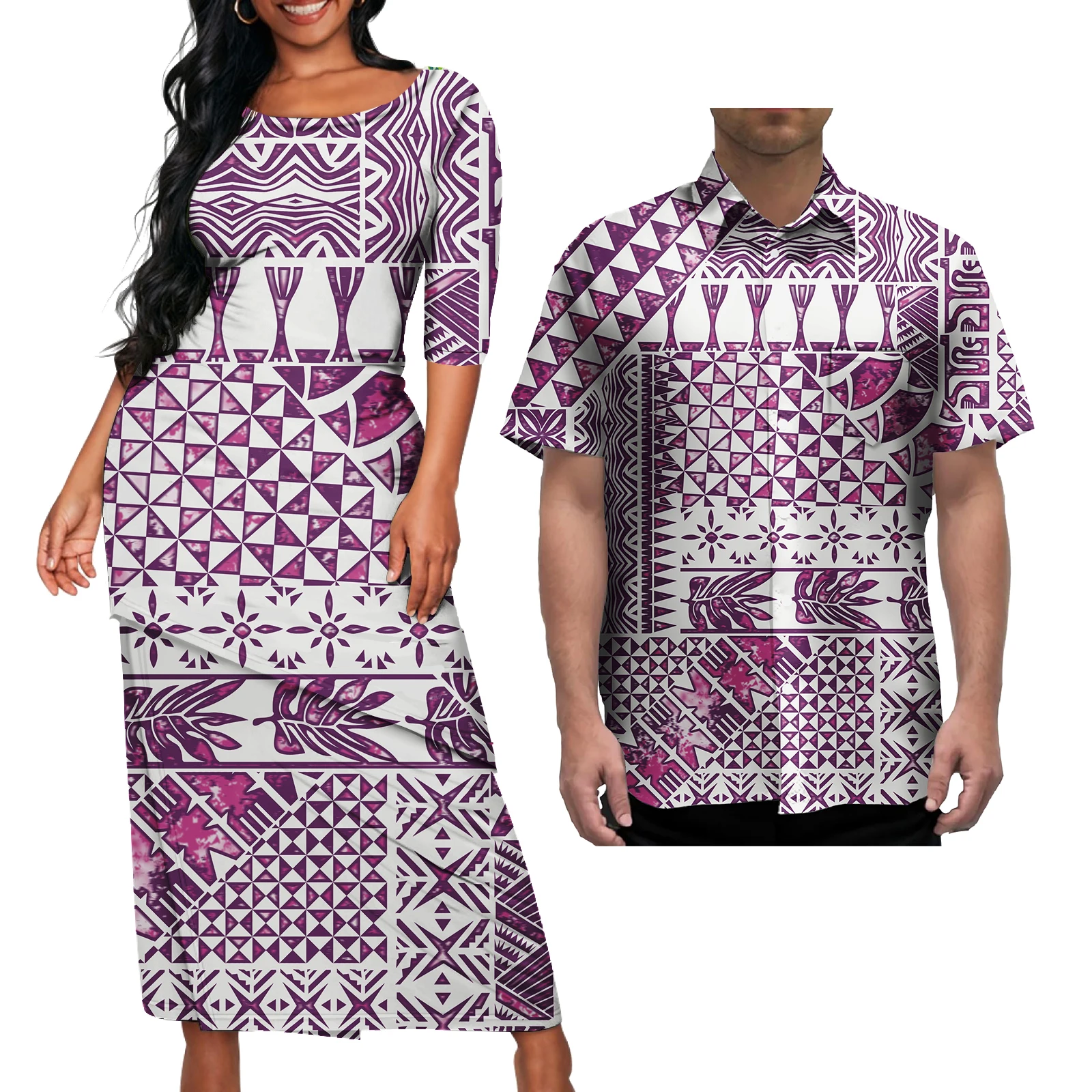 Factory Outlet puletasi polynesian couple sets Elei Tribal Mens Shirts casual two piece set woman clothing   Dress