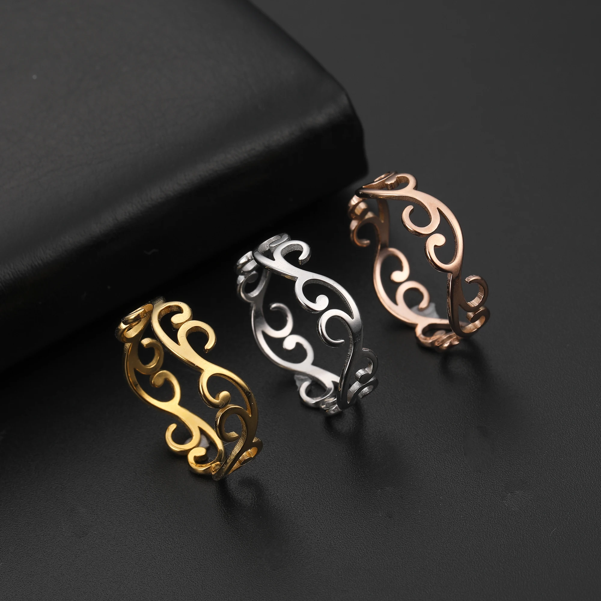 COOLTIME Filigree Flower Rings for Women Stainless Steel Romantic Couple Finger Rings Trend Birthday Jewelry Gift New in