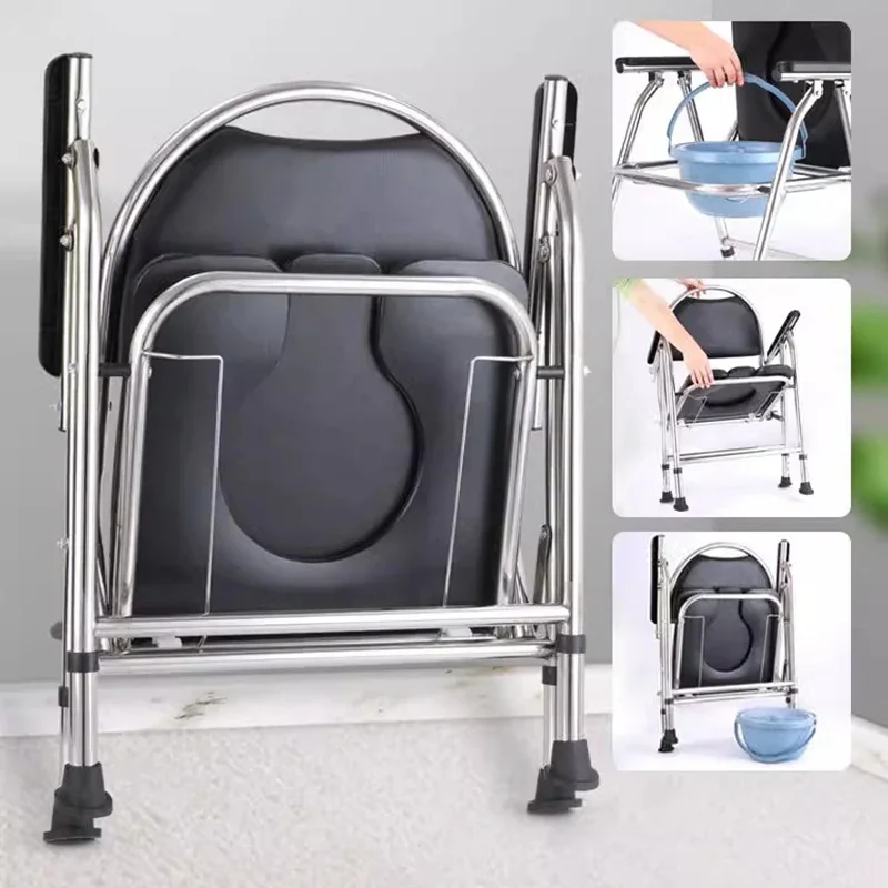 Reinforced Folding Commode Chair for Elderly Bedside Toilet with Back Support Mobile Bathroom Aid for Patients and Disabled