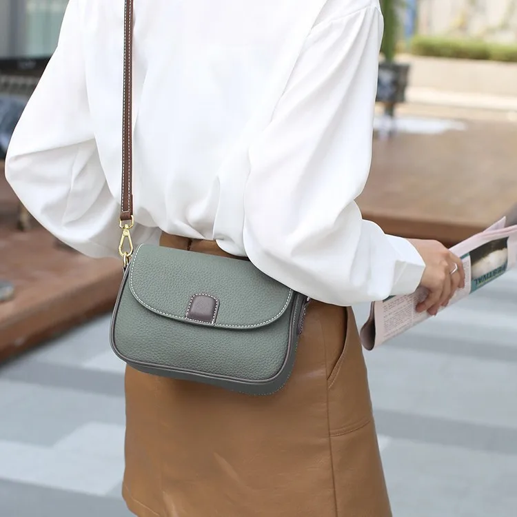 

Real leather square shoulder bag for women clashing color clamshell commuting light crossbody luxury bag for women