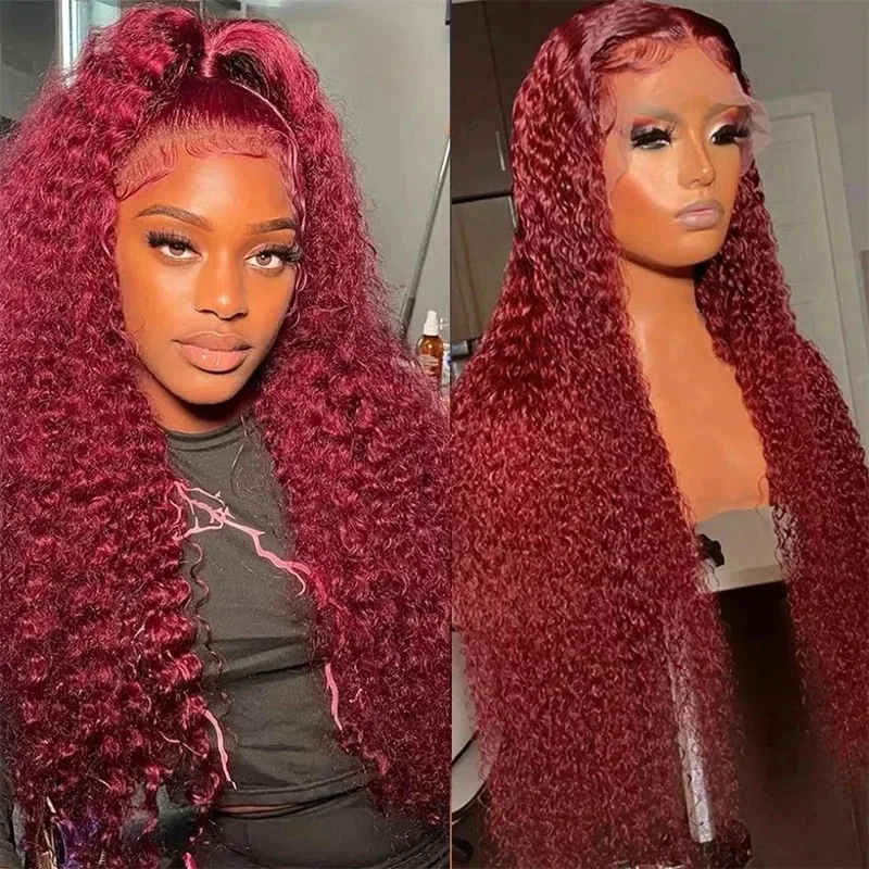 220 Density Burgundy 99j Deep Wave HD 13x4 13x6 Lace Front Human Hair Wigs Brazilian Red Colored Curly Pre Plucked For Women