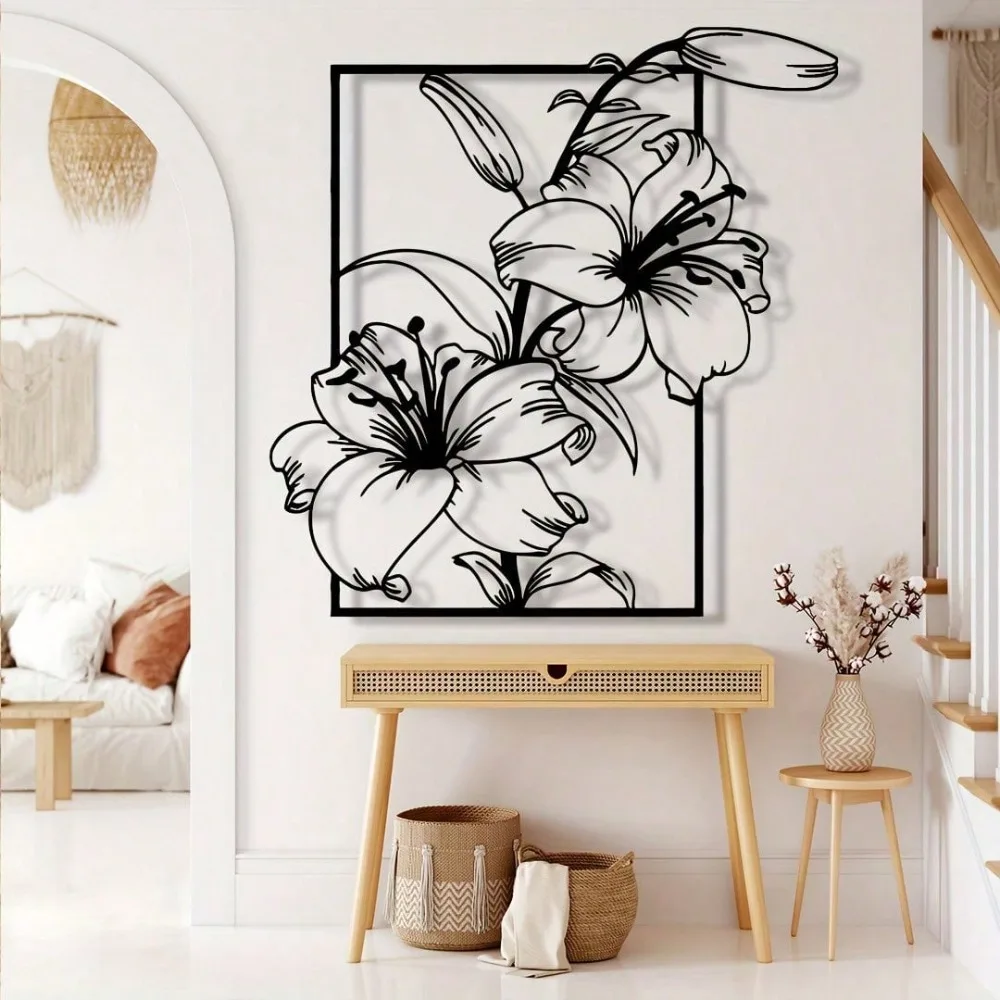 Metal Wall Art Floral Hanging Sign,Black White Rustproof Home Garden Outdoor Decor Gift
