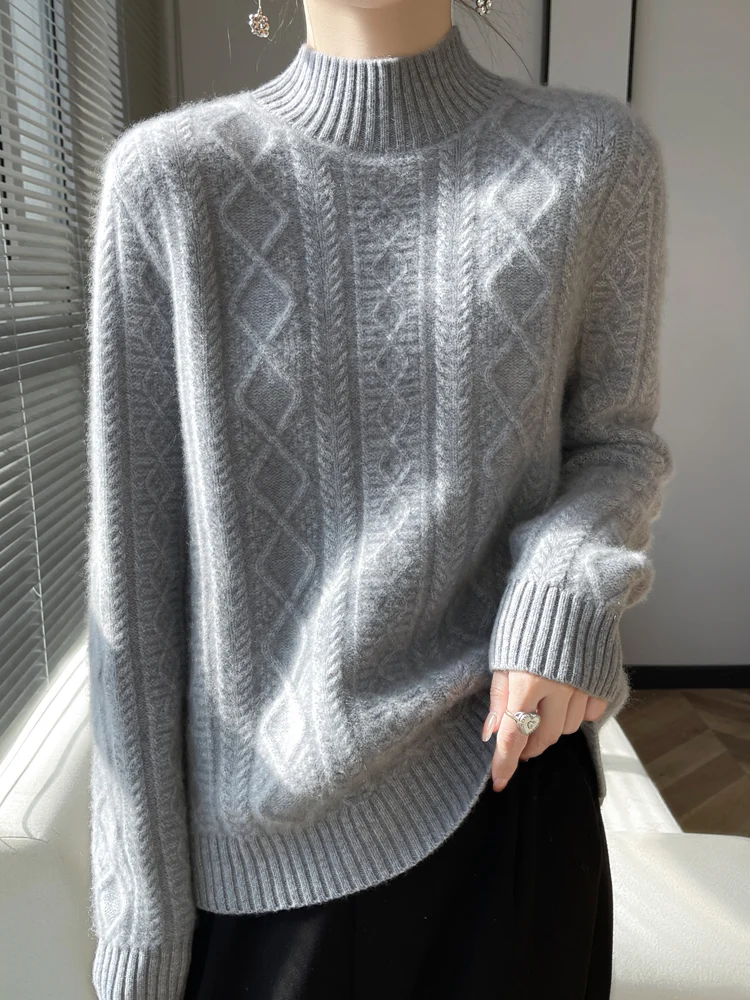 New Arrivals Lady Jumper Wool Knitted Twisted Pattern Sweater For Warmth And Thickening HalfHigh Collar Pullover High Elasticity