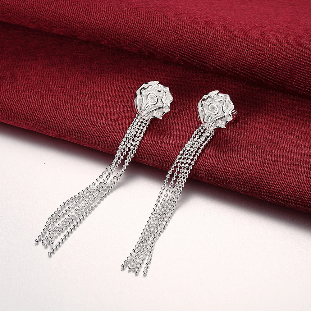 Elegant 925 Sterling Silver Fashion Pretty Tassel Rose Flower Earrings Stud For Women Birthday Gifts Charm Party Jewelry