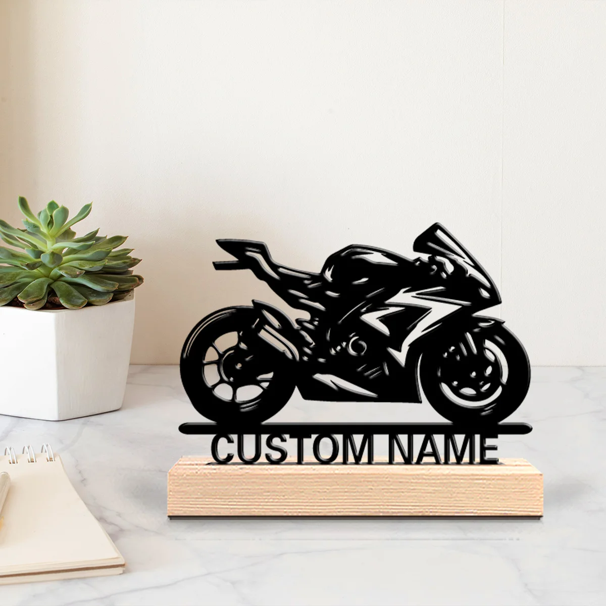 1pc Fashion personalized Custom Motorcycle Iron Statue With Wood Base Tin Ornament With Wood Base Metal Sculpture With Wood Base