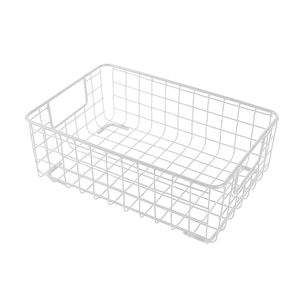 Creative Metal Wire Storage Basket with Handle Wrought Iron Sundries Container Kitchen White