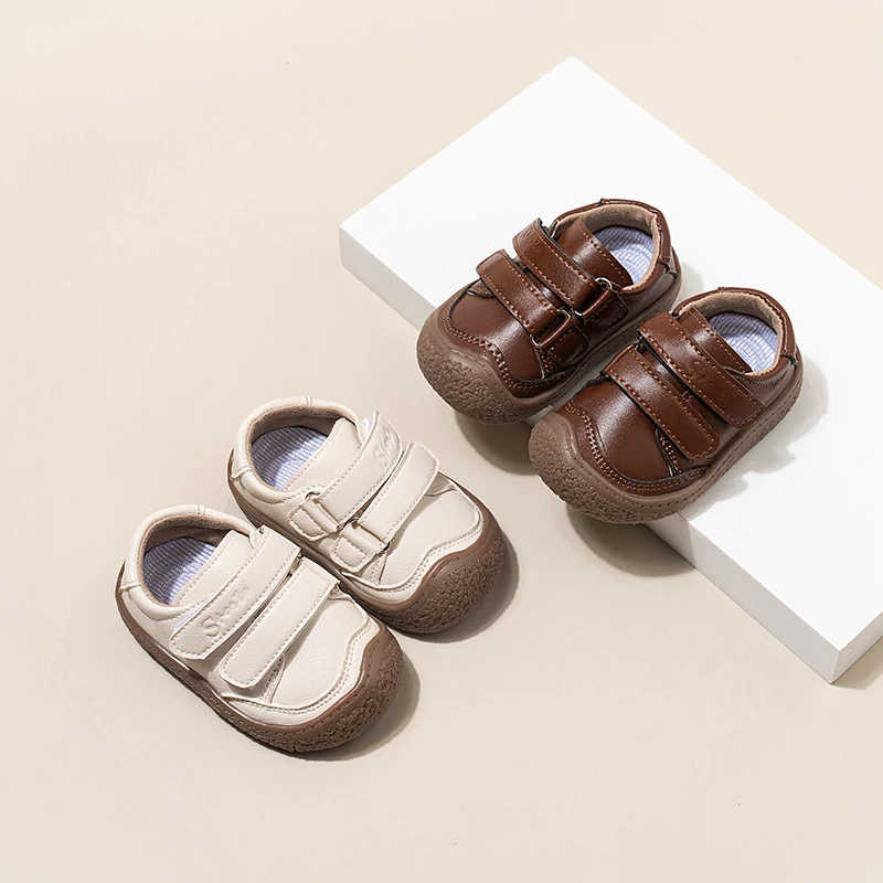 Boys Leather Sneakers Hook Loop Soft Sole Children Outdoor Casual Shoes Retro Style Baby First Walker Shoes Non Slip