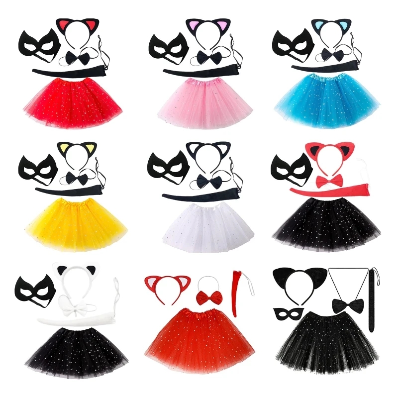 Kitten Cosplay Costume Girls Halloween Costume Set Hair Hoop/Tail Party Supply W3JF