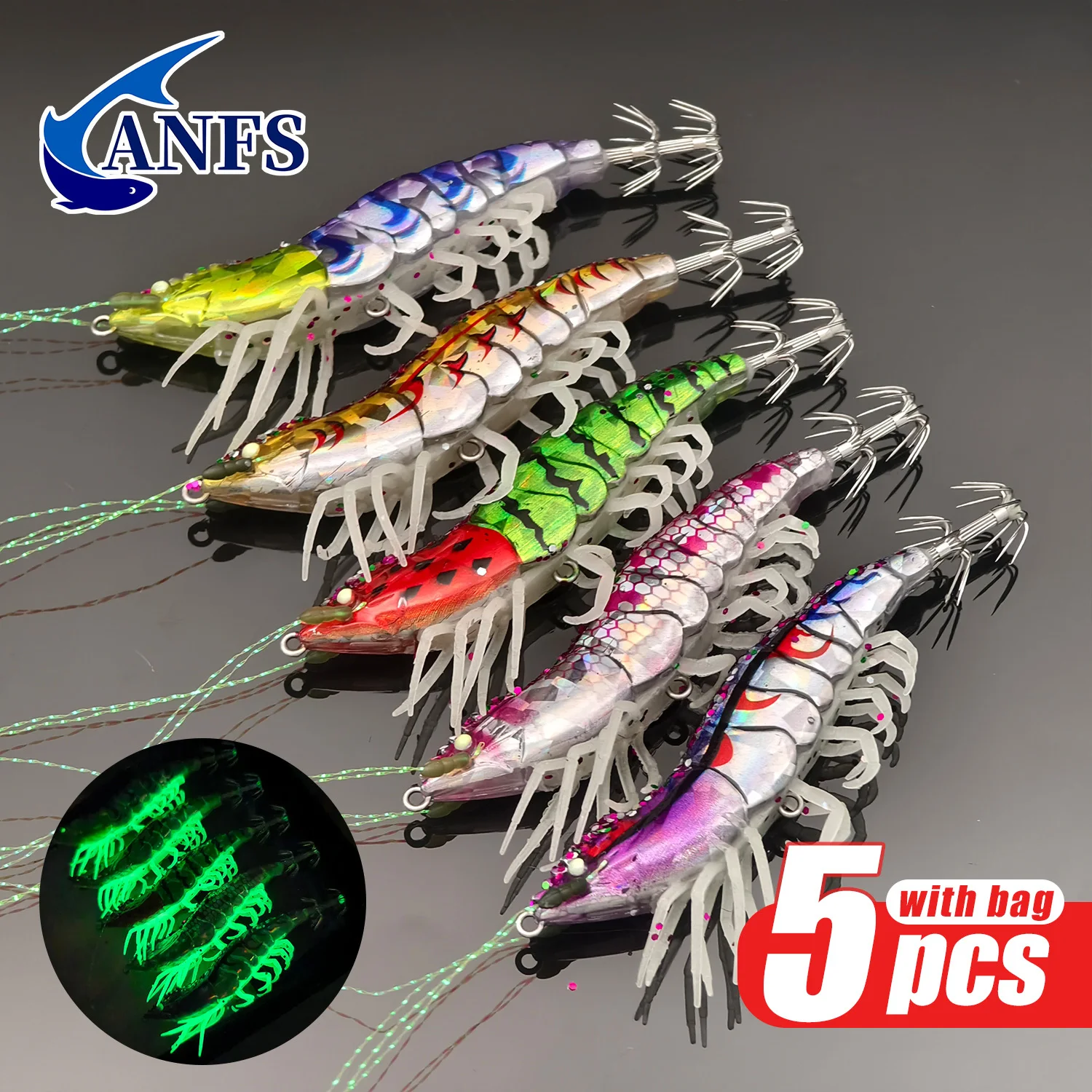 ANFS 5er-Set Hybrid-Garnelenköder mit Aufbewahrungstasche, Tintenfischköder zum Angeln auf Tintenfisch und Oktopus – Detail 1