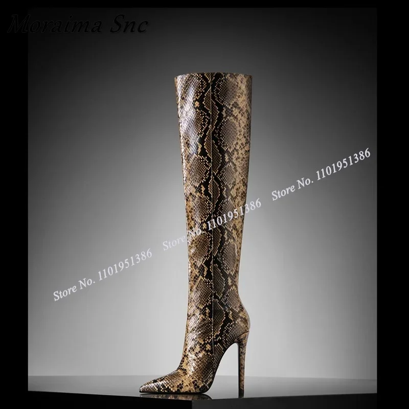 Moraima Snc Brown Snakeskin Print Boots Slip on Knee High Pointed Toe Stiletto Shoes for Women High Heels Boot Zapatillas Mujer