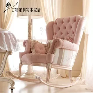 European pink rocking chair solid wood fabric sofa personalized single leisure chair view 6