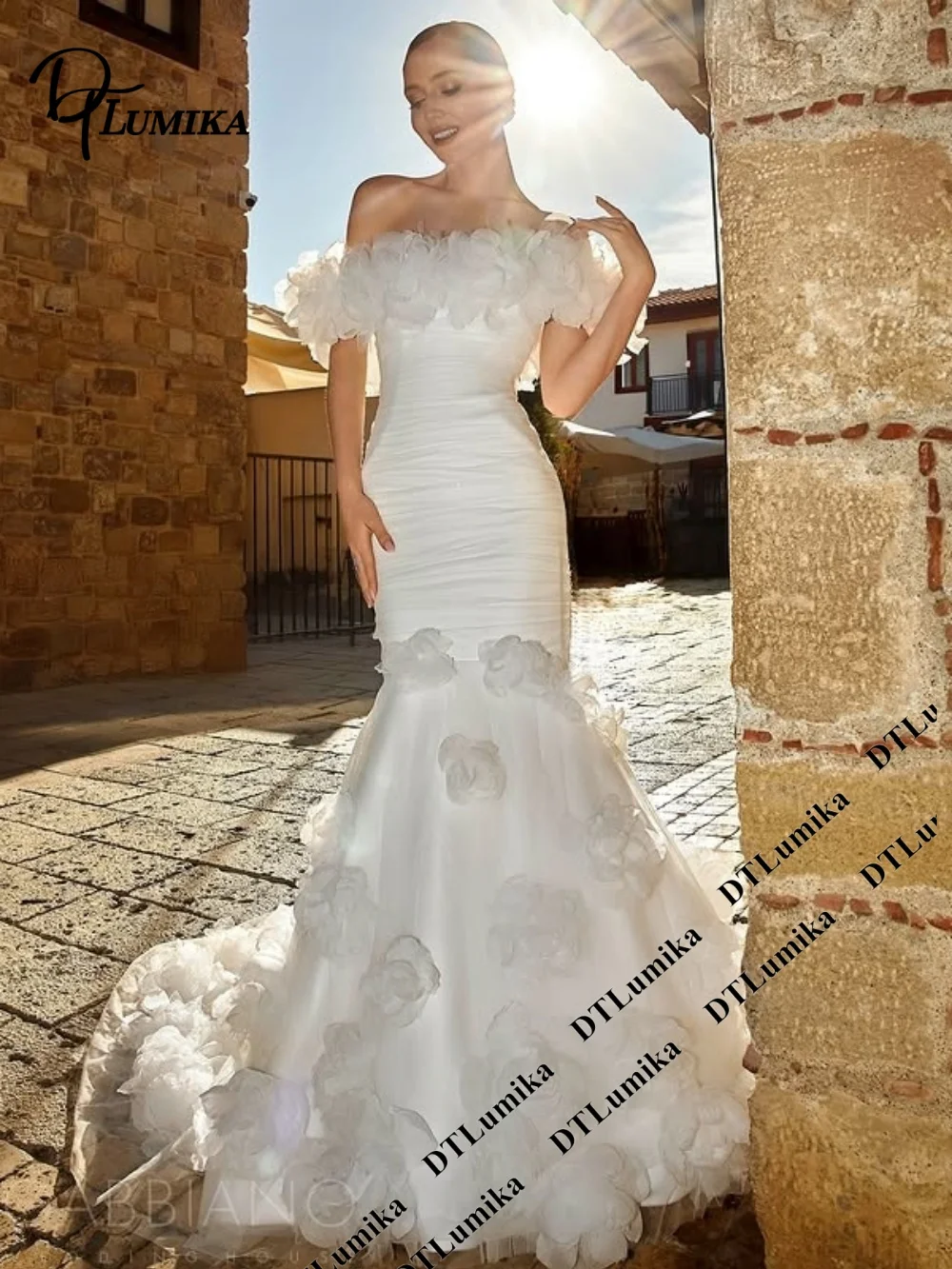 DTLumika Off Shoulder 3D Floral Mermaid Wedding Dress Customized Ruched Tulle Fitted Bridal Gown with Chapel Train Bride Dress