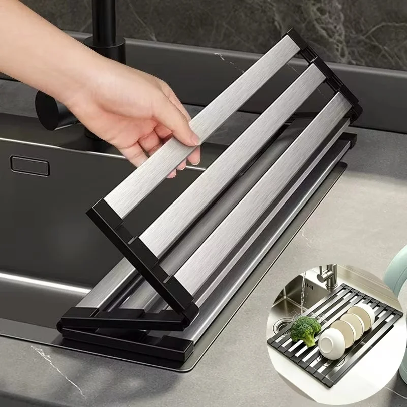 Foldable 304 Stainless Steel Kitchen Sink Drain Rack Dish Drainer Sink Bowl and Dish Storage Drying Storage Shelf
