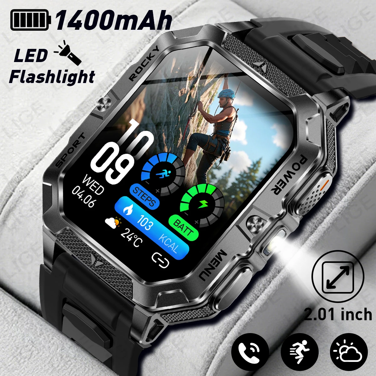 LIGE New 1400mAh Big Battery Smart Watch 2.01"HD Screen Outdoors Waterproof Sports LED Flashlight Health Monitor Men Smartwatch