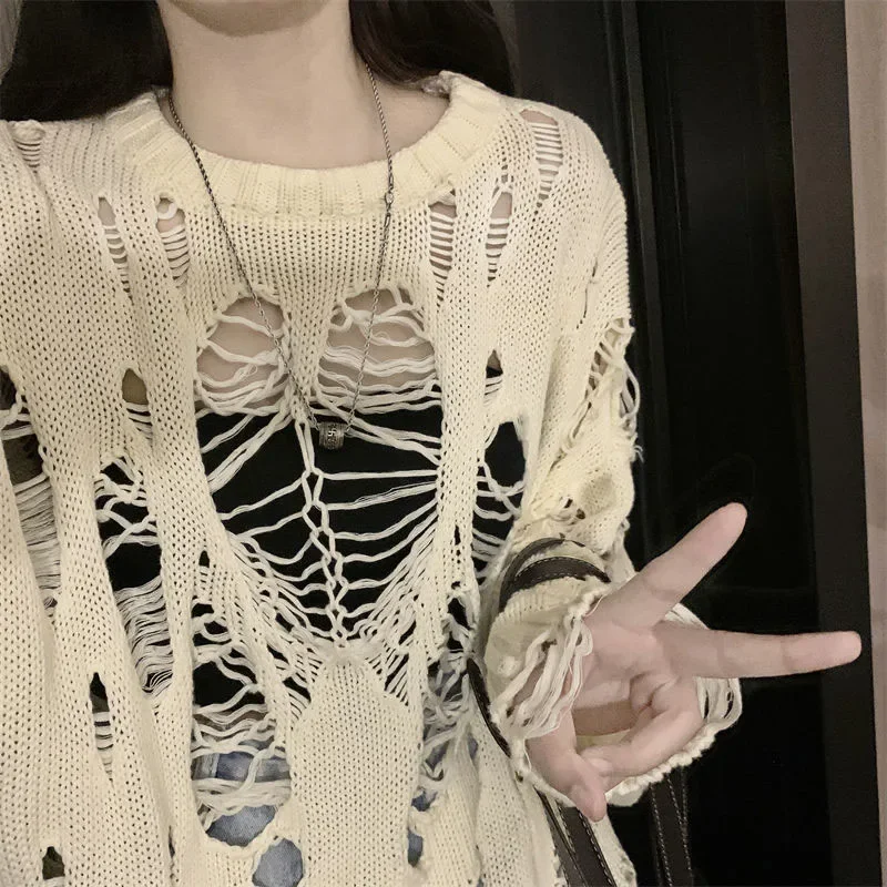 Y2K Hole Hollow Out Sweaters Women Harajuku High Street Loose Knitted Pullovers Woman 2024 Spring Summer Thin Sweater Tops