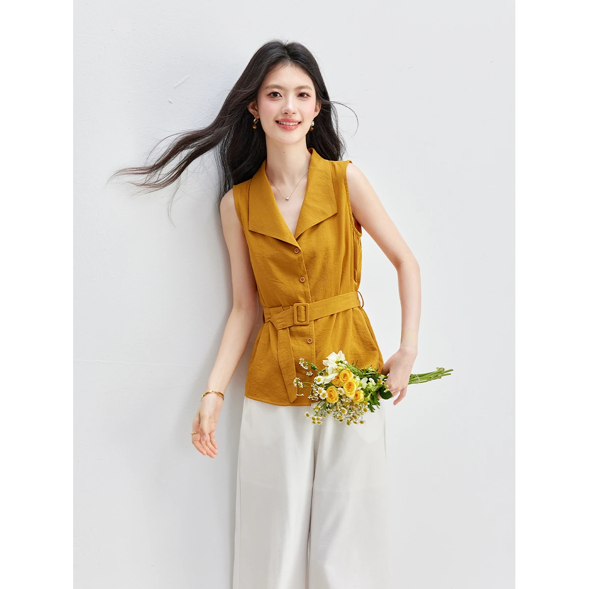 VIMLY Women Summer Commuter Suit 2026 New Sleeveless Shirt White Nine-point Wide-leg Pants 2 Piece Set Office Lady 31016 - view 5