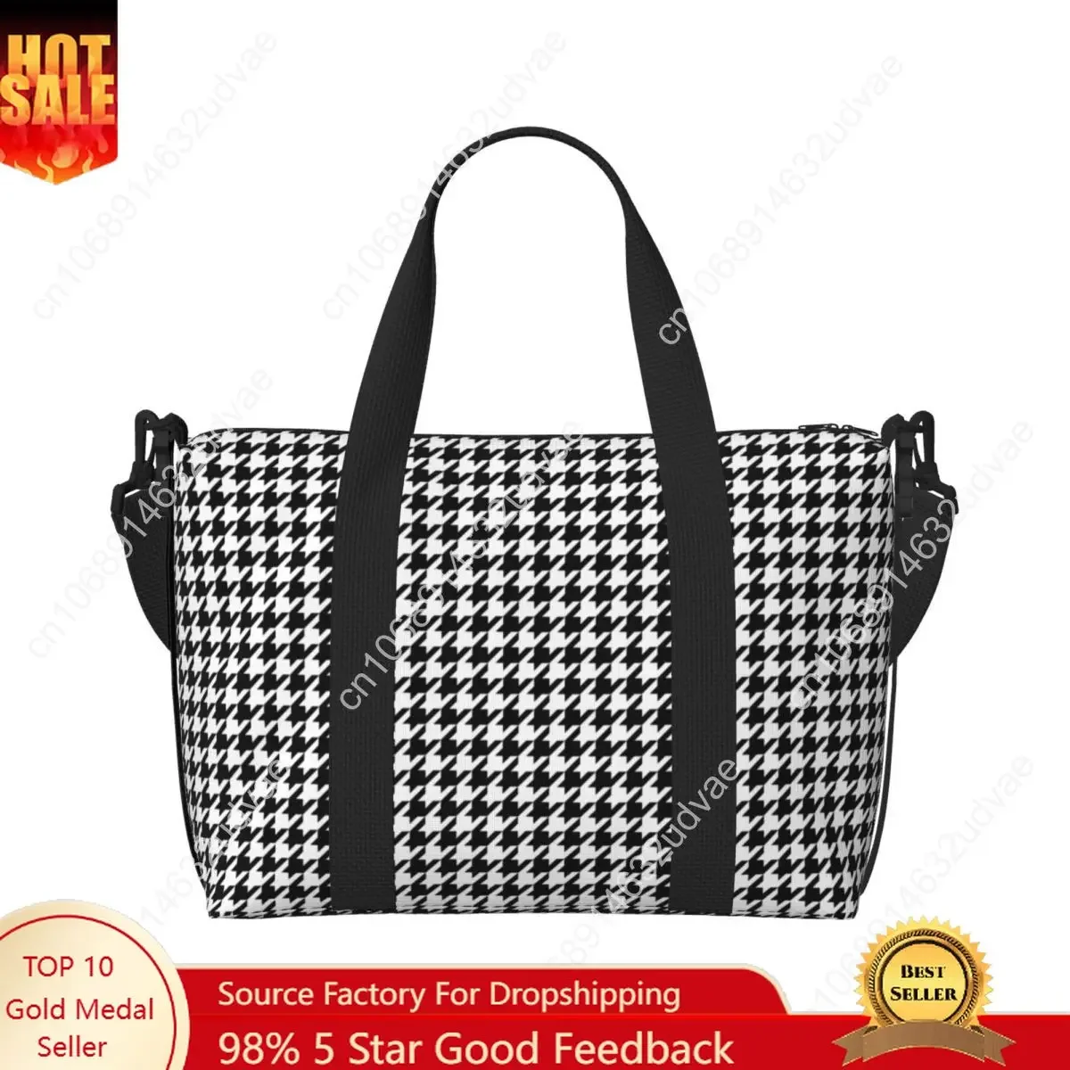 Custom Houndstooth Black And White Checkered Beach Tote Bag for Dogstooth Geometric Large Compartment Beach Gym Travel Bags