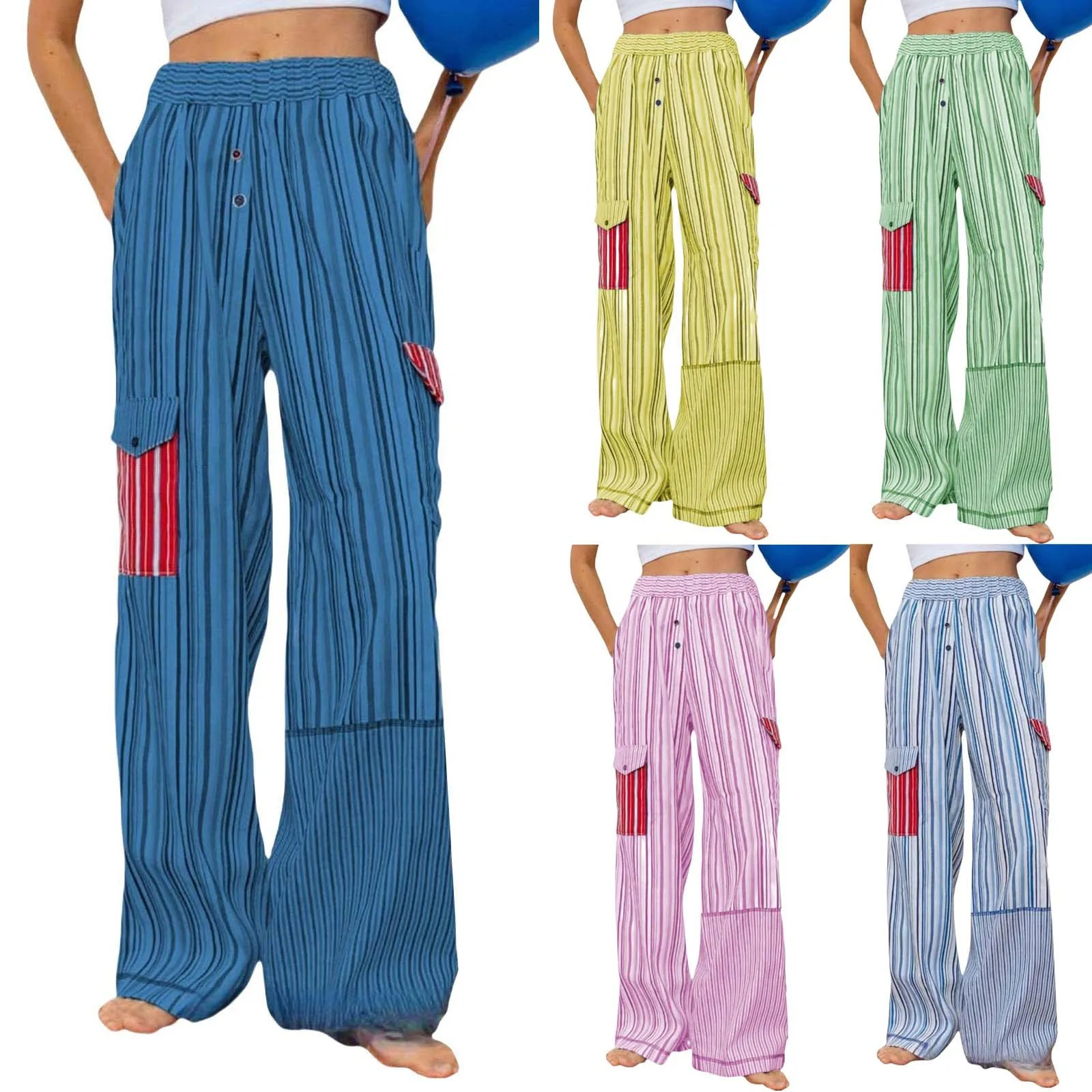 Женские цветные полосатые брюки с карманами, повседневные широкие прямые брюки средней посадки в стиле пэчворк, модные удобные брюки