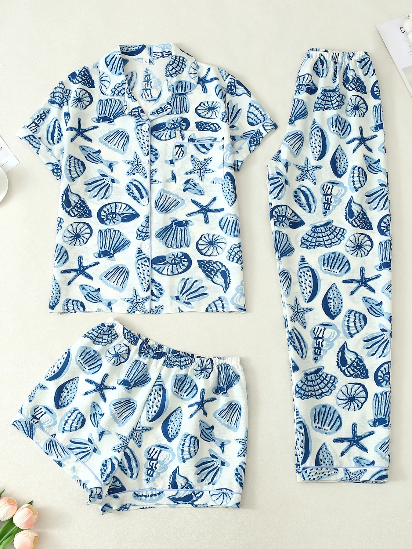 Women Pajamas Notch Lapel Short Sleeve Shorts Pants 3 Piece Set Spring Summer Fall Cute Seashell Print Homewear