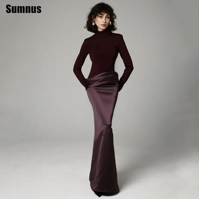 Sumnus Simple Mermaid Evening Dresses Contrast Color High Neck Pleats Back Slit Formal Dresses فساتين سهرة Customized