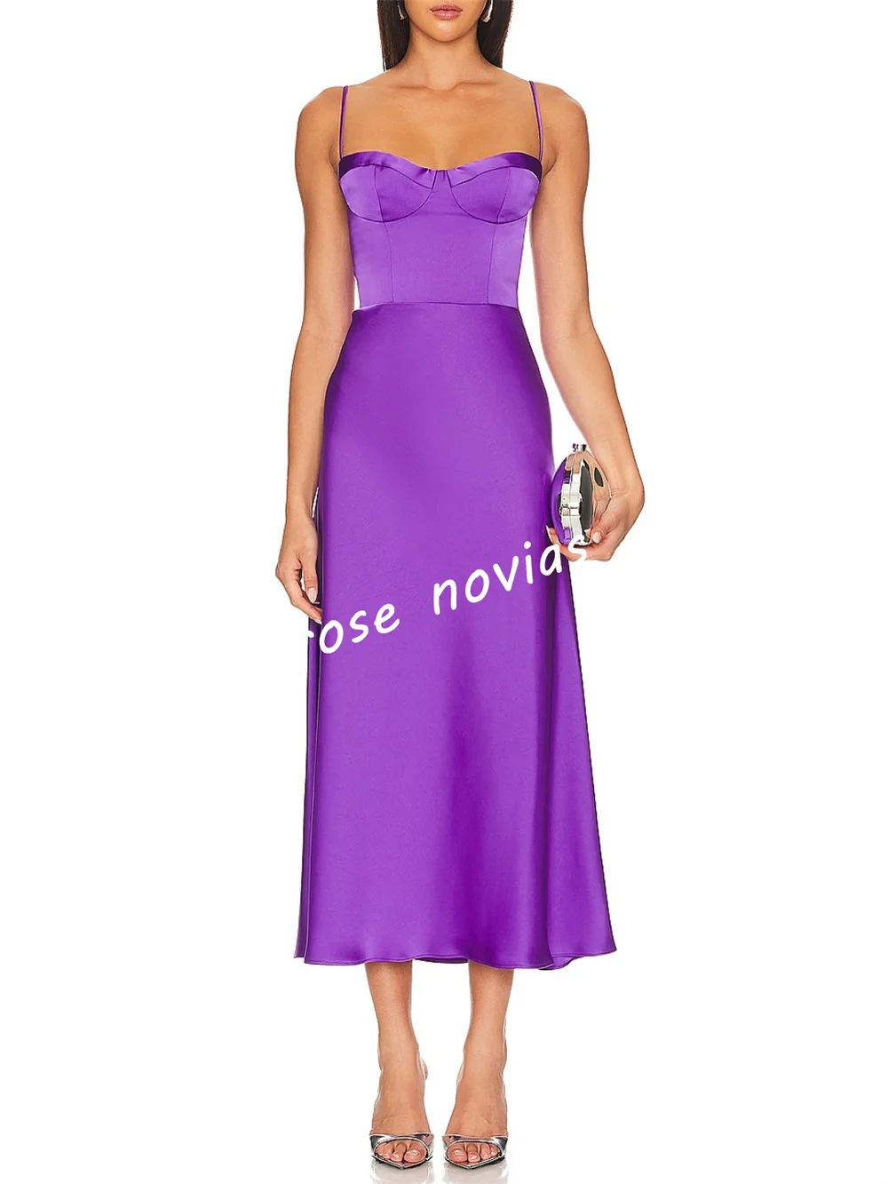 Abiti midi a trapezio da sera viola chic personalizzati con cinturino per spaghetti Charmeuse Occasioni su misura Matrimonio elegante per feste di ritorno a casa