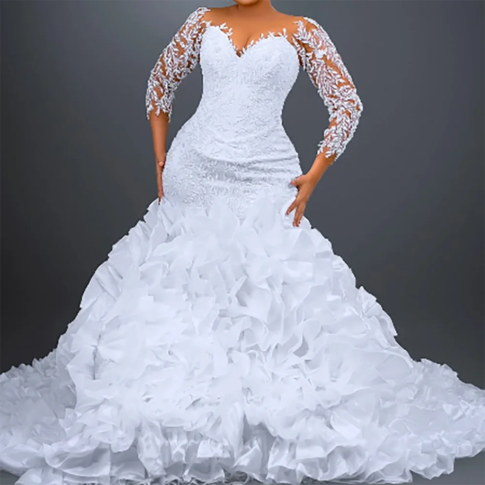 

Luxury Sweetheart Lace Long Sleeve Tiered Mermaid Bride Wedding Dresses Bridal Gowns Customized