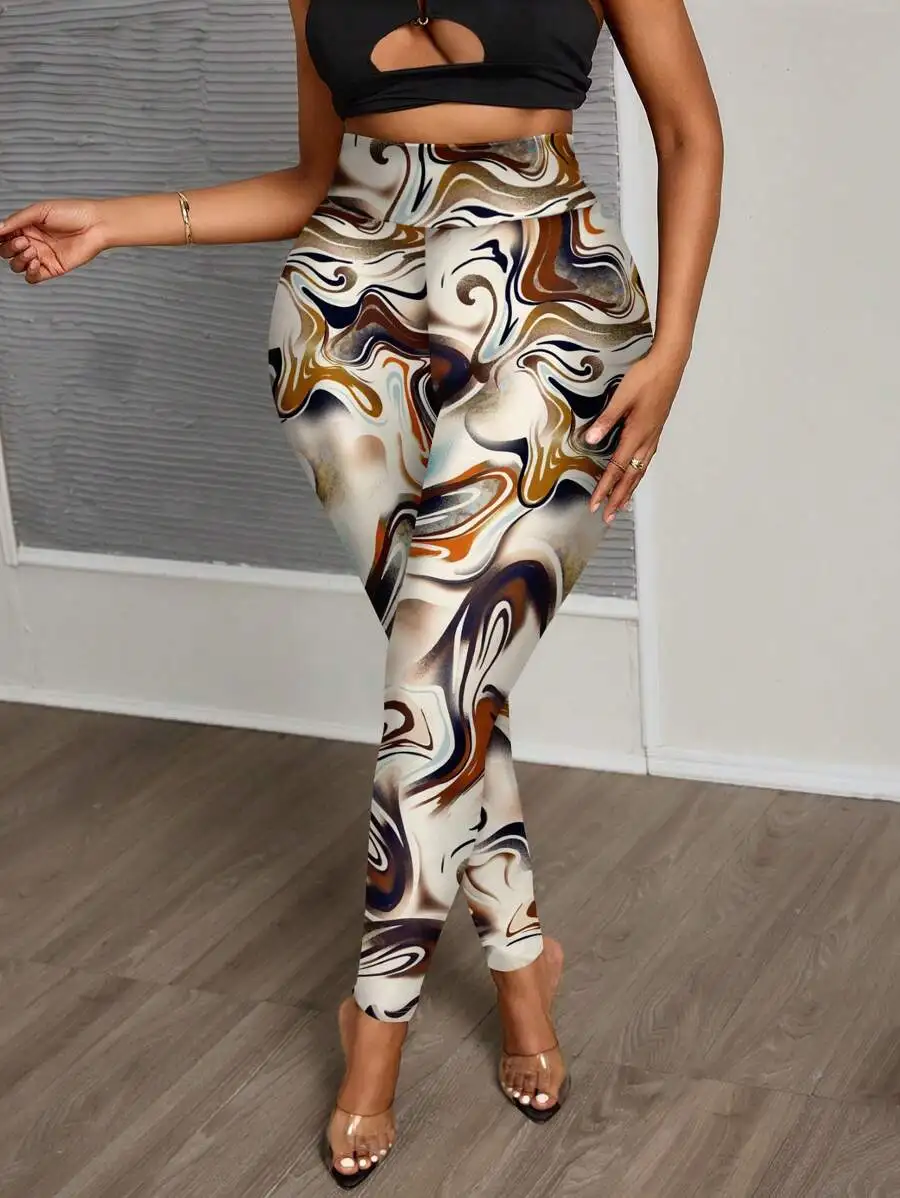 Slaydiva Women's Casual Minimalist Wave Ripple Print Full-Length Leggings, Autumn/Winter Suitable For Going Out
