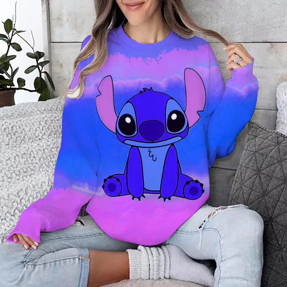 2024 nueva sudadera de dibujos animados de Disney Lilo & Stitch para mujer, Jersey holgado con cuello redondo, Top de manga larga con estampado divertido de otoño