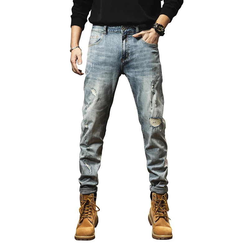 2024 Spring and Autumn  distressed jeans men's trendy straight leg loose fitting casual Korean high street stretch pants