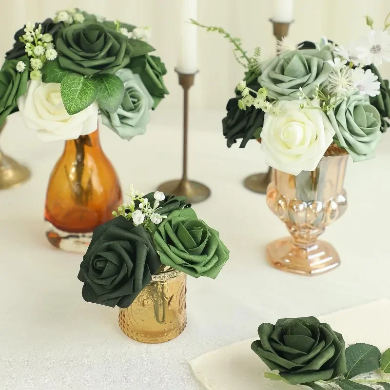 Artificial Flowers 25pcs Real Looking Forest Green Ombre Colors Foam Fake Roses with Stems for DIY Wedding Bouquets Bridal Showe