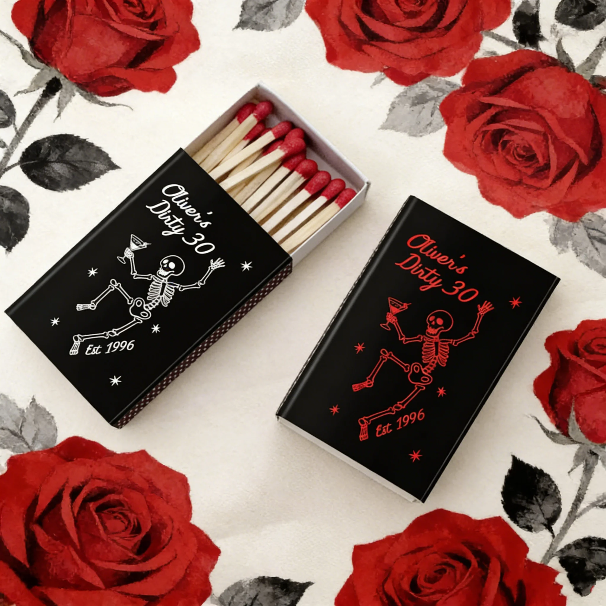 dirty-30-birthday-martini-matchboxes-custom-30th-birthday-party-favors-personalized-dancing-skeleton-est-1996