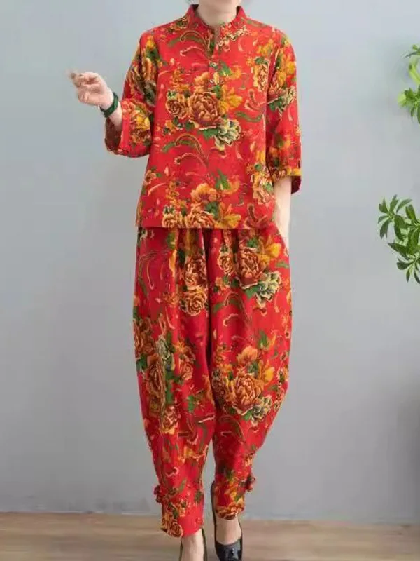 

Spring Autumn Women's Ethnic Sle Cotton Linen Print Two-Piece Set Large Flower Pattern Retro Northeast China Faion