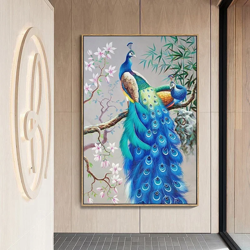 

DIY full Diamond Embroidery,Round Diamond Entrance Blue Peacock Flower Living room decoration rhinestone beads Diamond painting