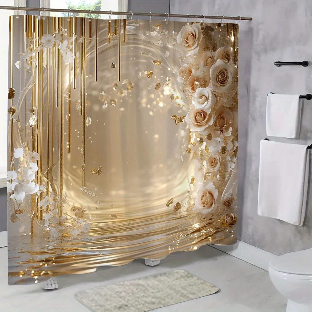 Gold Rose Shower Curtain Elegant Floral Design Luxury Bathroom Decor 3D Print Waterproof Bath Curtain Home Fashion - view 3