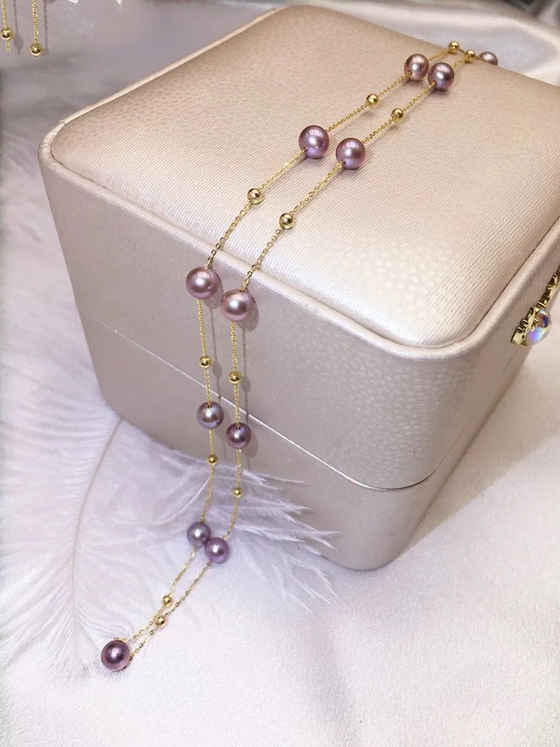

18K Yellow Gold Natrual freshwater pearl necklace pendant AU750 purple jewelry wedding party gift for women x605