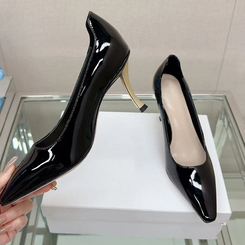 

Black Metal Stiletto Heels For Women New Autumn Patent Leather Sheepskin Suede Elegance Banquet Wedding Dress Women's shoes