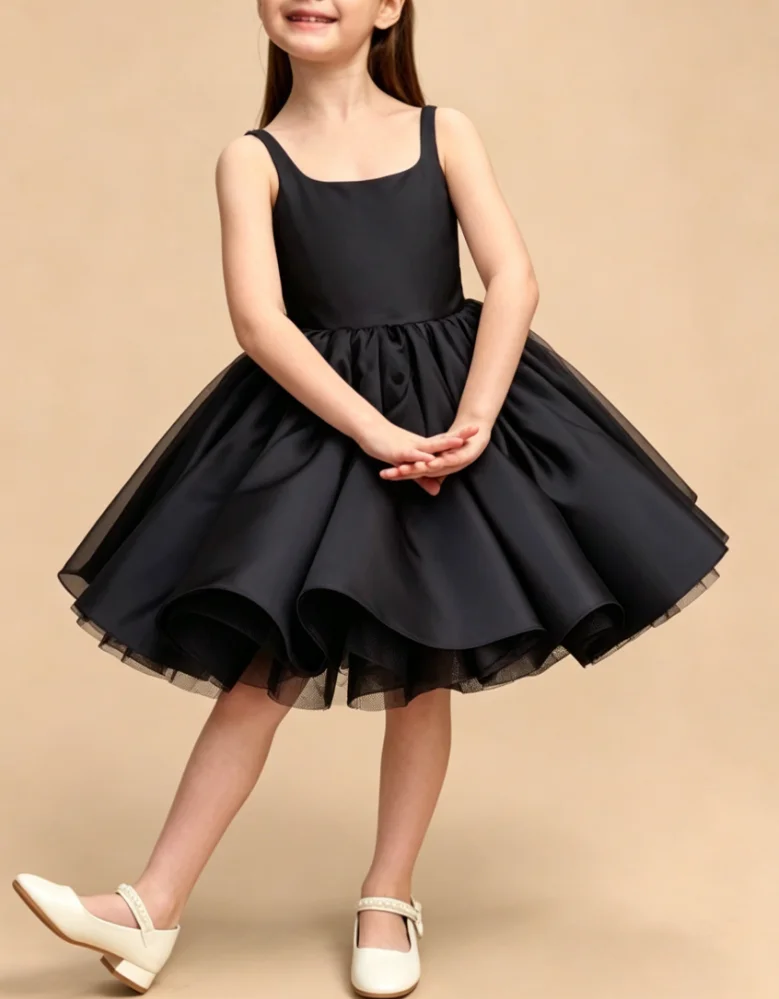 

Black Satin Flower Girl Dress Sleeveless Puffy Tutu Kids Wedding Party Bridesmaid Formal Gown