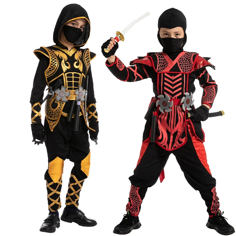 Disfraz de Ninja de dragón dorado para niño, disfraz de Assassin Cospaly para el Día Mundial del Libro, disfraz de Halloween de guerrero Ninja rojo y negro para niñas