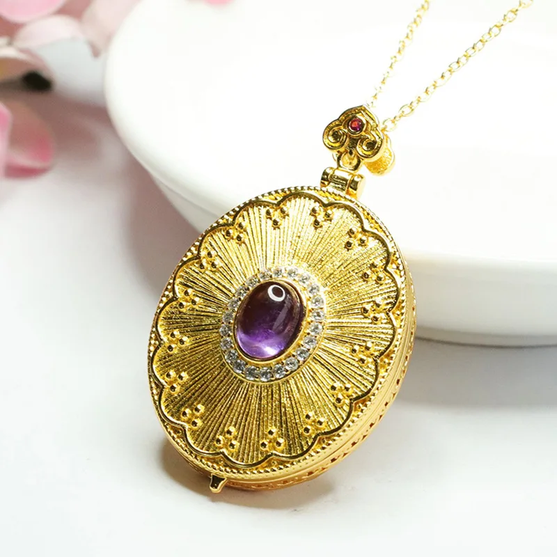 

Natural amethyst pendant, purple gemstone, Guanyin photo box, necklace, antique jewelry.