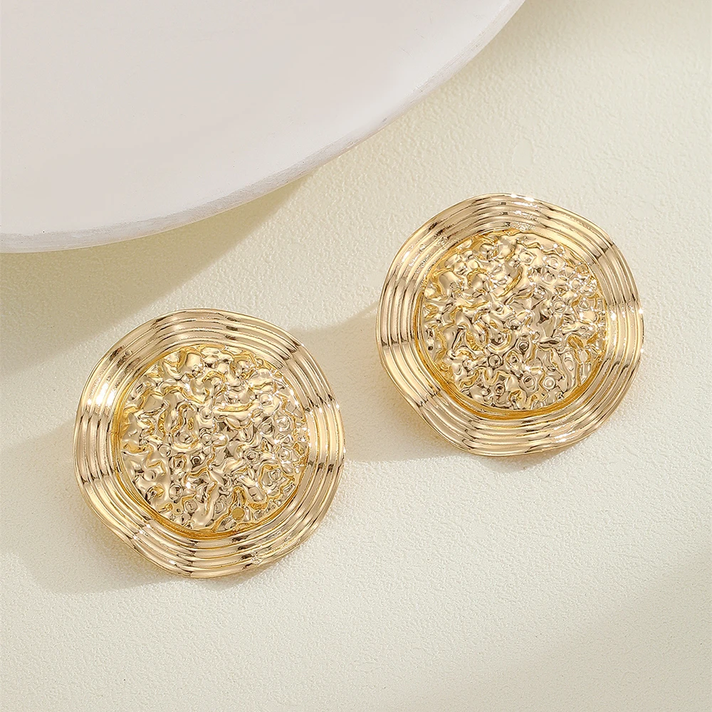 Vintage Luxury Gold Color Stud Earrings For Women Exquisite Temperament Metal Geometric Round Earrings Party Ear Jewelry