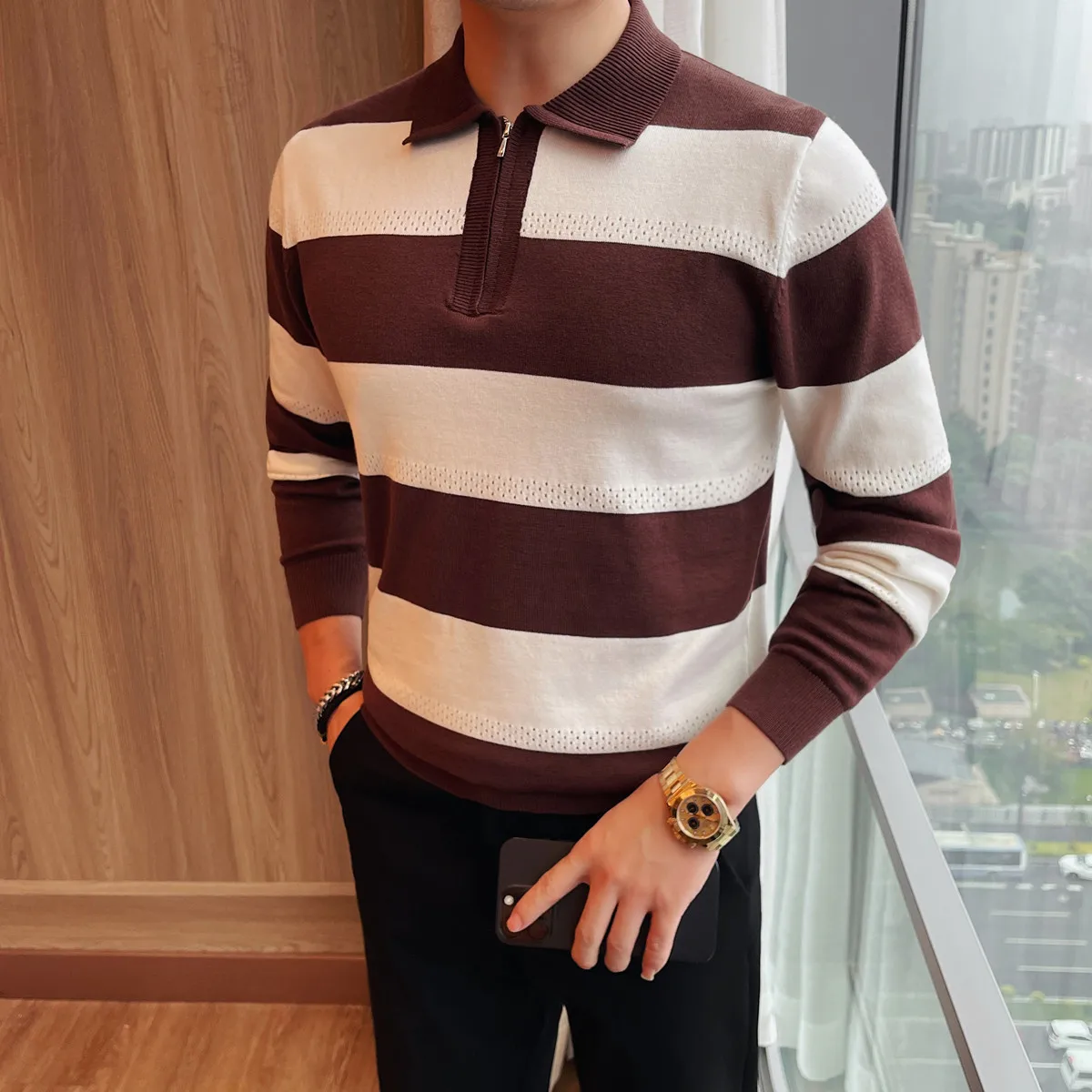 

British Style Polo Collar Knitted Sweater for Men Long Sleeve Casual Striped Sweater Thick Warm Business Pullover Men Knitwear