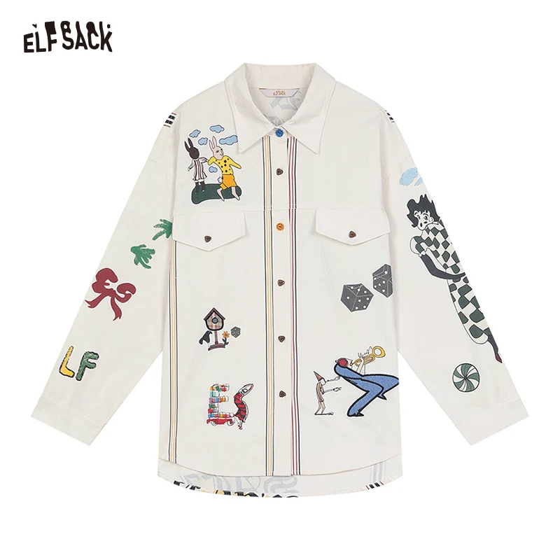 2024 Summer ELFSACK New Arrivals White cartoon print design small casual all-match denim jacket for women