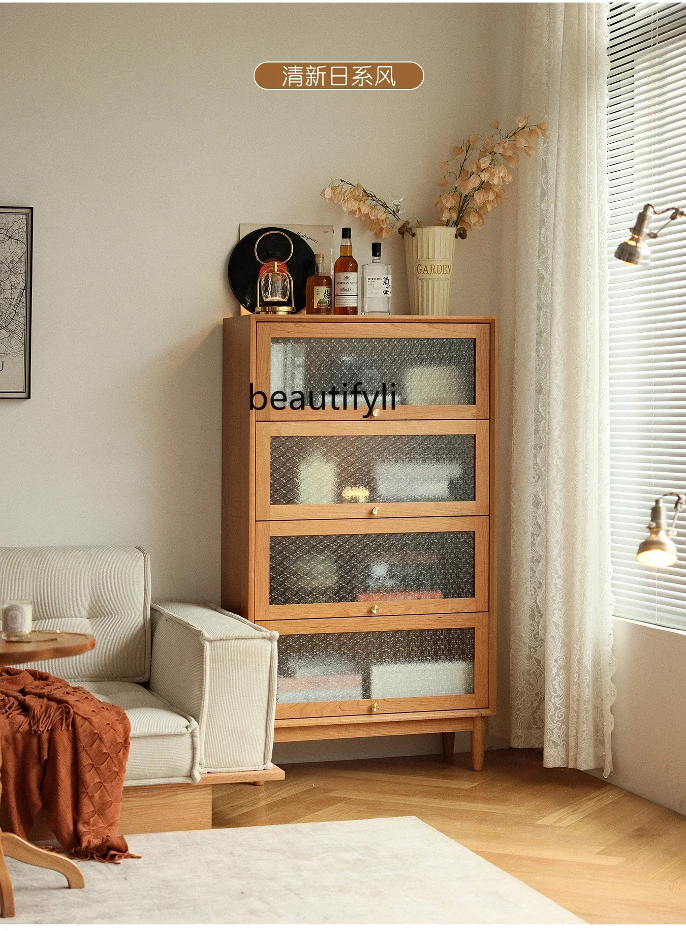 cc182Nordic solid wood bookcase cherry wood display storage cabinet study glass door bookshelf R view 2