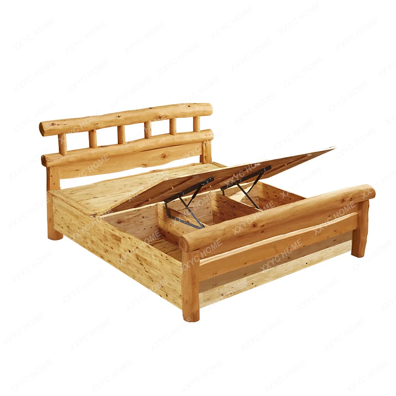 Nordic Pastoral Style Solid Wood Bed Original Ecological Log Bed Cypress Storage High Box Wooden Bed