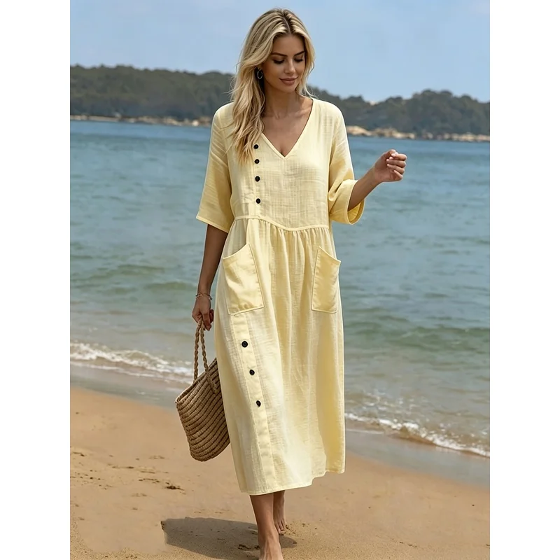 Summer Women'S Solid Color V-Neck Loose Fit Elegant Casual Vacation Dress
