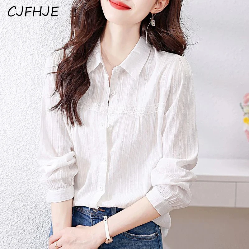 

CJFHJE Spring Polo-neck Elegant Fashion White Simple Shirt Female Long Sleeve Lace Patchwork Buttons Blouse Ladies Cardigan Top