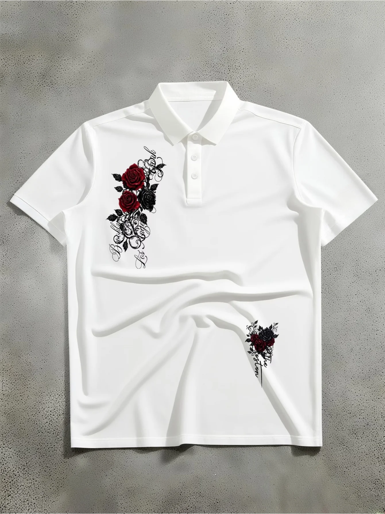 2026 New Men's Short sleeved Fashion Retro Polo Shirt Fashion Street Style Dark Gothic Style, Red and Black Rose Polo Shirt