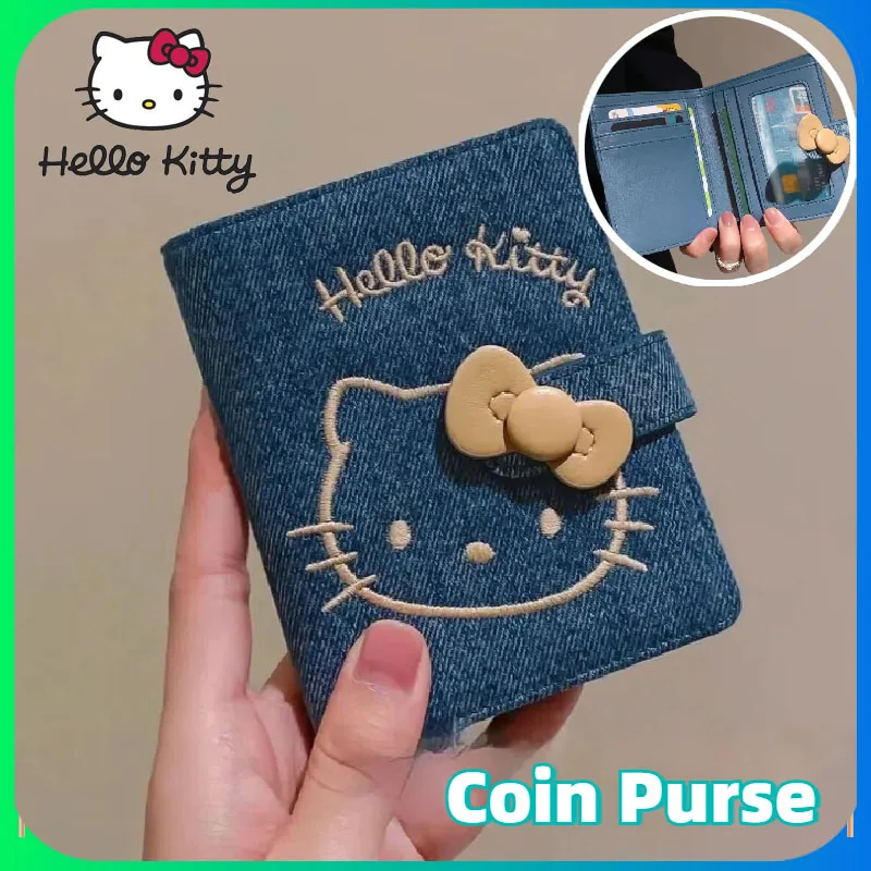 

Cute Cartoon Anime Merchandise Hello Kitty Denim Embroidery Storage Change Passport Mini Portable Small Card Bag Girls Gift