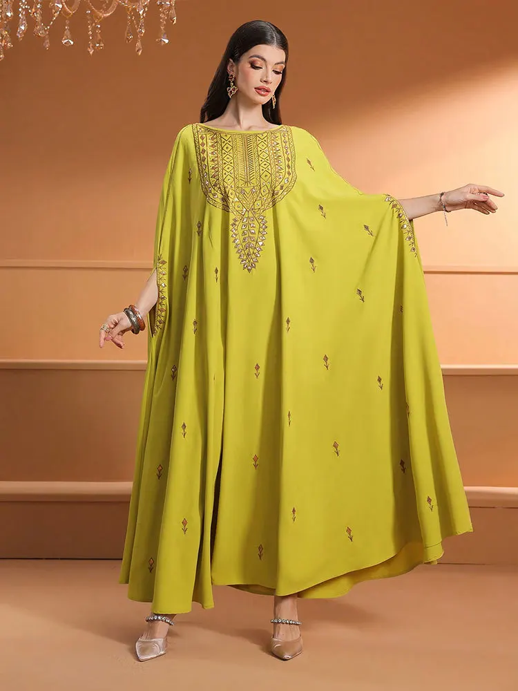 Moslim Vrouwen Batwing Mouw Jurk Eid Djellaba Sequin Abaya Dubai Kaftan Borduren Islam Kleding Turkije Caftan Femme Gewaad Gown