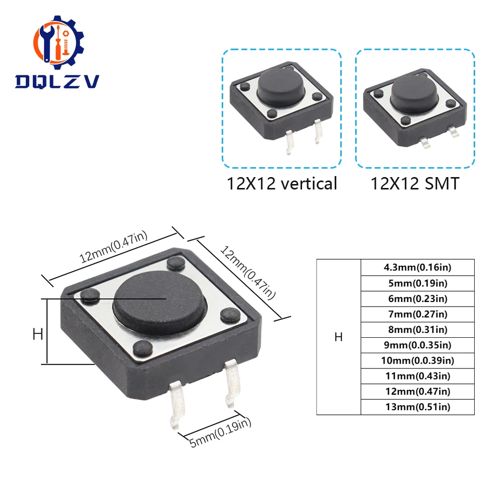 50PCS 12X12X4.3MM DIP Tact Switch Tactile Push Button Switch Kit Height: 4.3 5 6 7 8~13MM SMD 4P Micro Switch 12*12*5 Key Switch